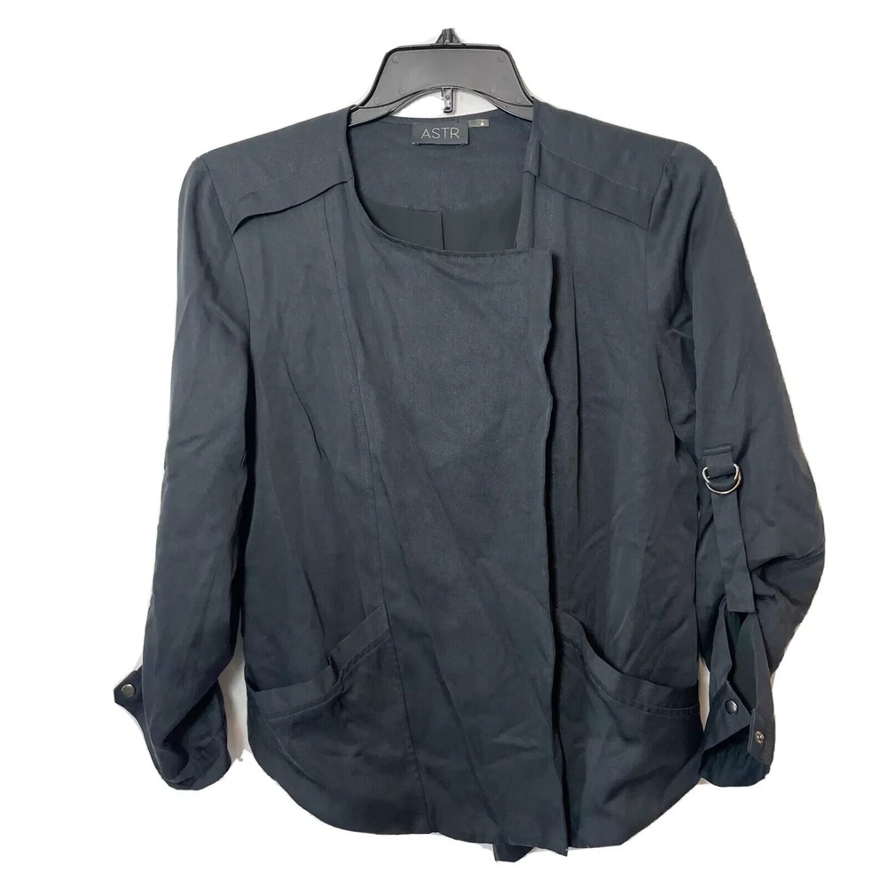 ASTR Drape Full Zip Biker Moto Jacket Womens Size‎ M Black Roll Tab Snap Sleeve